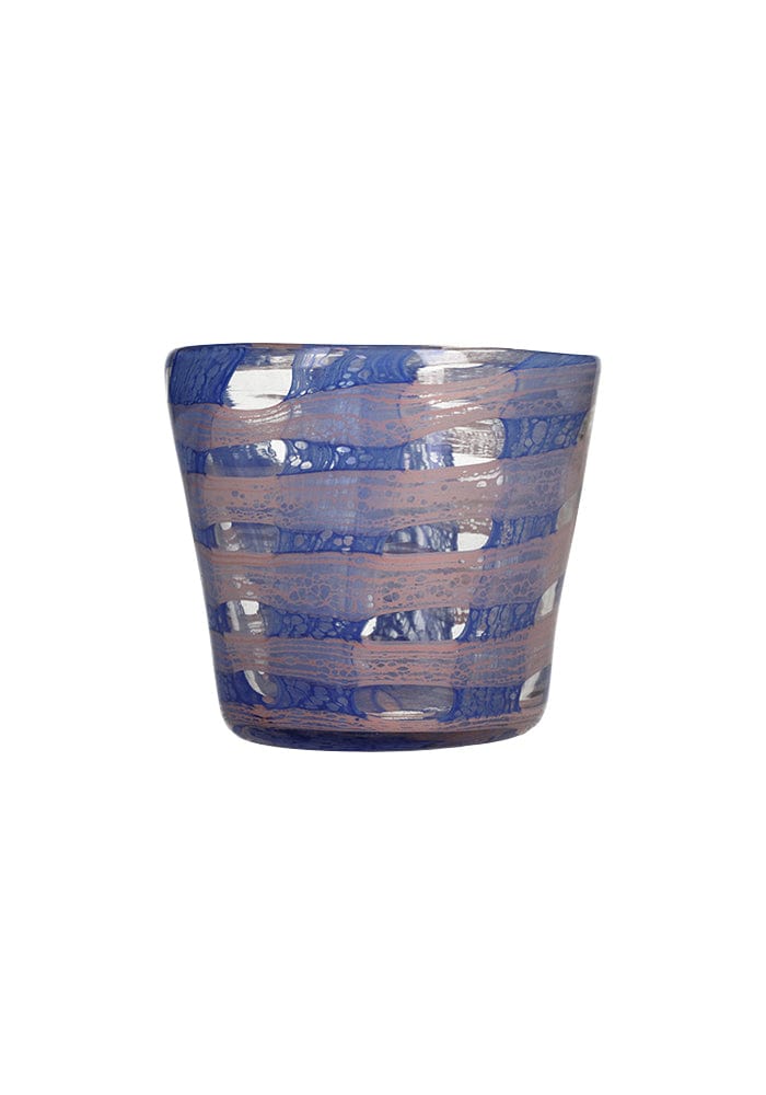 Blue affect candle holder vase made of hand blown glass with deep blue and muted pink stripes and textured finish