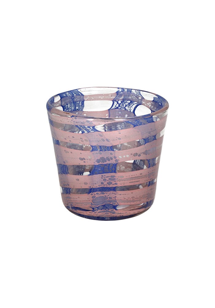 A translucent pink and blue striped glass candle holder with a hand-blown marbled design called blue affect