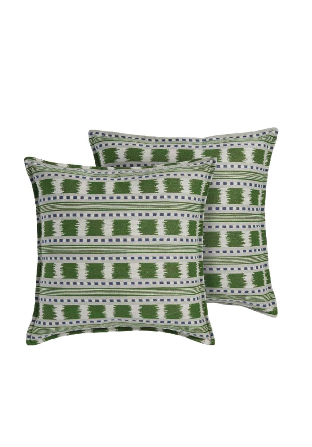 Green and white geometric patterned throw pillows featuring a blue and green stripe cushion cover design