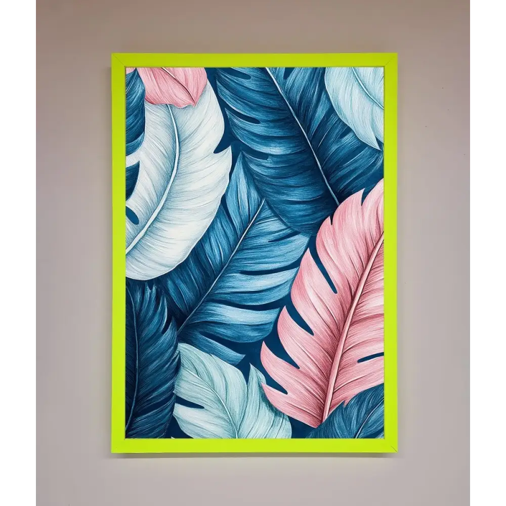 Blue And Pink Feathers Abstract Framed Print - B0 (100 x 141 cm) / Neon Green - Framed Print