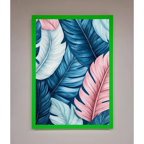 Blue And Pink Feathers Abstract Framed Print - B0 (100 x 141 cm) / Neon Dark Green - Framed Print