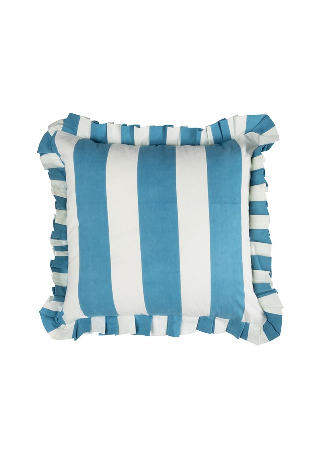 A rectangular blue and white cabana striped cushion cover with vertical teal and white stripes and ruffled edges