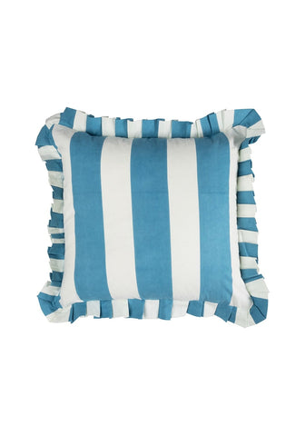 A rectangular blue and white cabana striped cushion cover with vertical teal and white stripes and ruffled edges