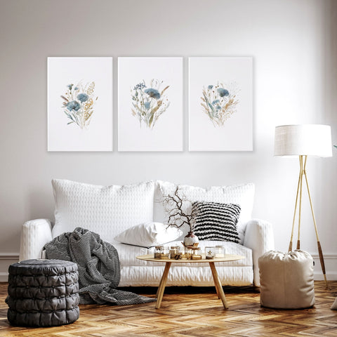 Blue Color Wall Art | Set of 3 Botanical Wall art Prints