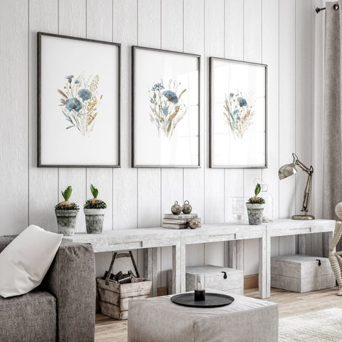 Blue Color Wall Art | Set of 3 Botanical Wall art Prints