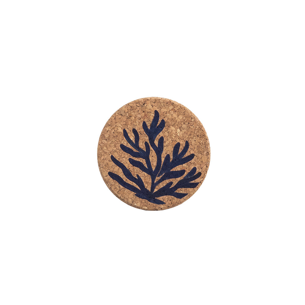 Circular portuguese cork coaster with a heat resistant blue coral design in navy blue color