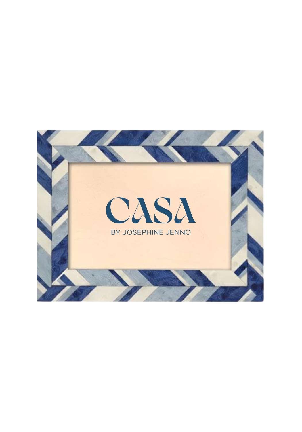 Blue geometric photo frame 6x4 with a blue and white chevron polished bone pattern and casa by josephine jenno logo