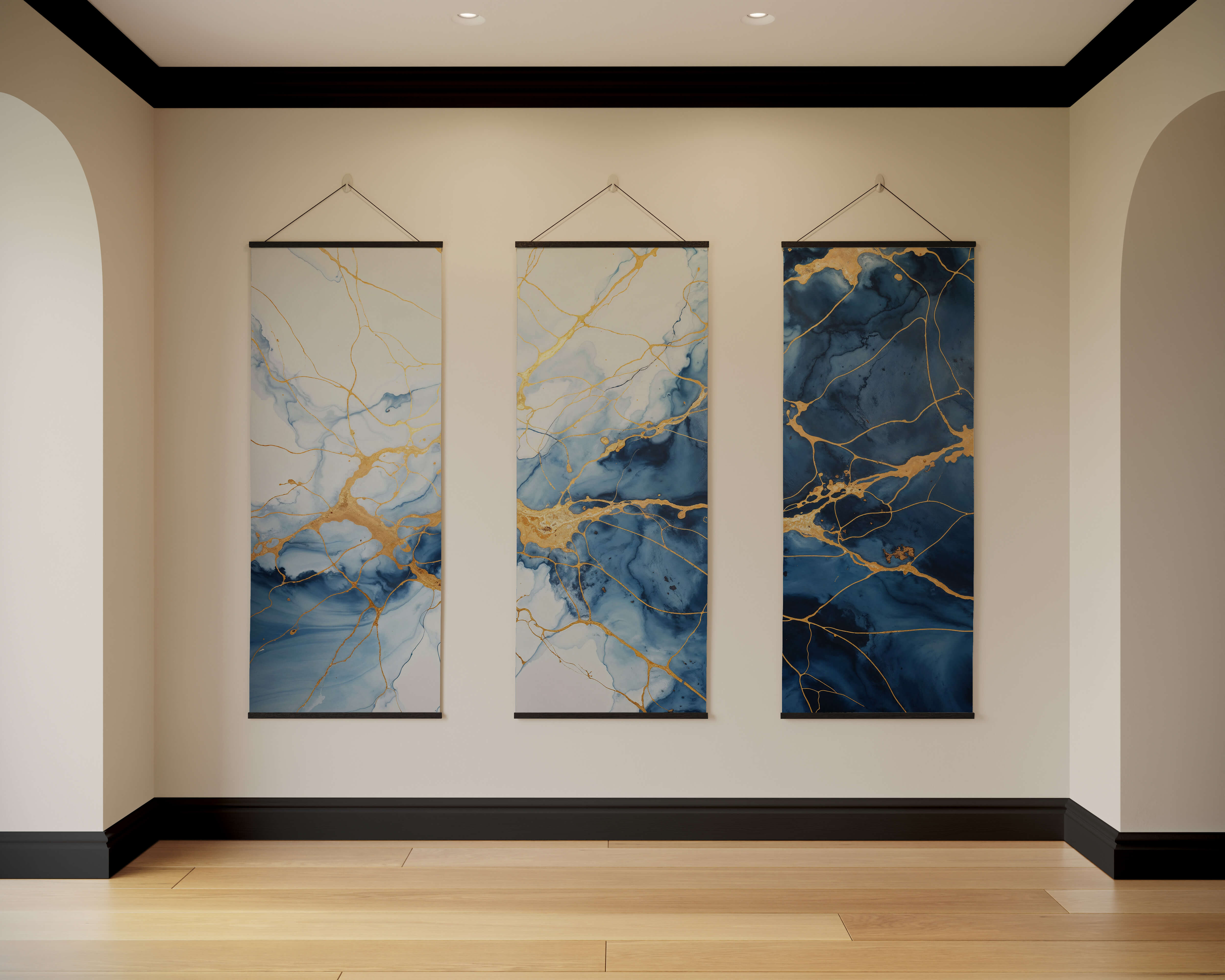 Blue kintsugi tapestry with three vertical marble effect panels featuring blue and gold veining in black frames
