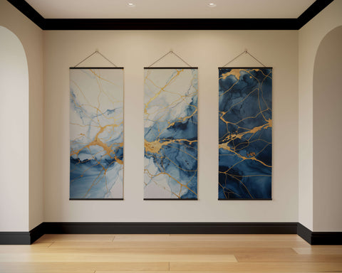 Blue kintsugi tapestry with three vertical marble effect panels featuring blue and gold veining in black frames