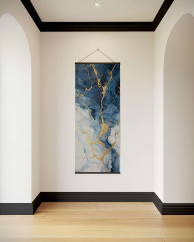 A blue kintsugi tapestry featuring a vertical blue and gold marble pattern with a black frame wall hanging