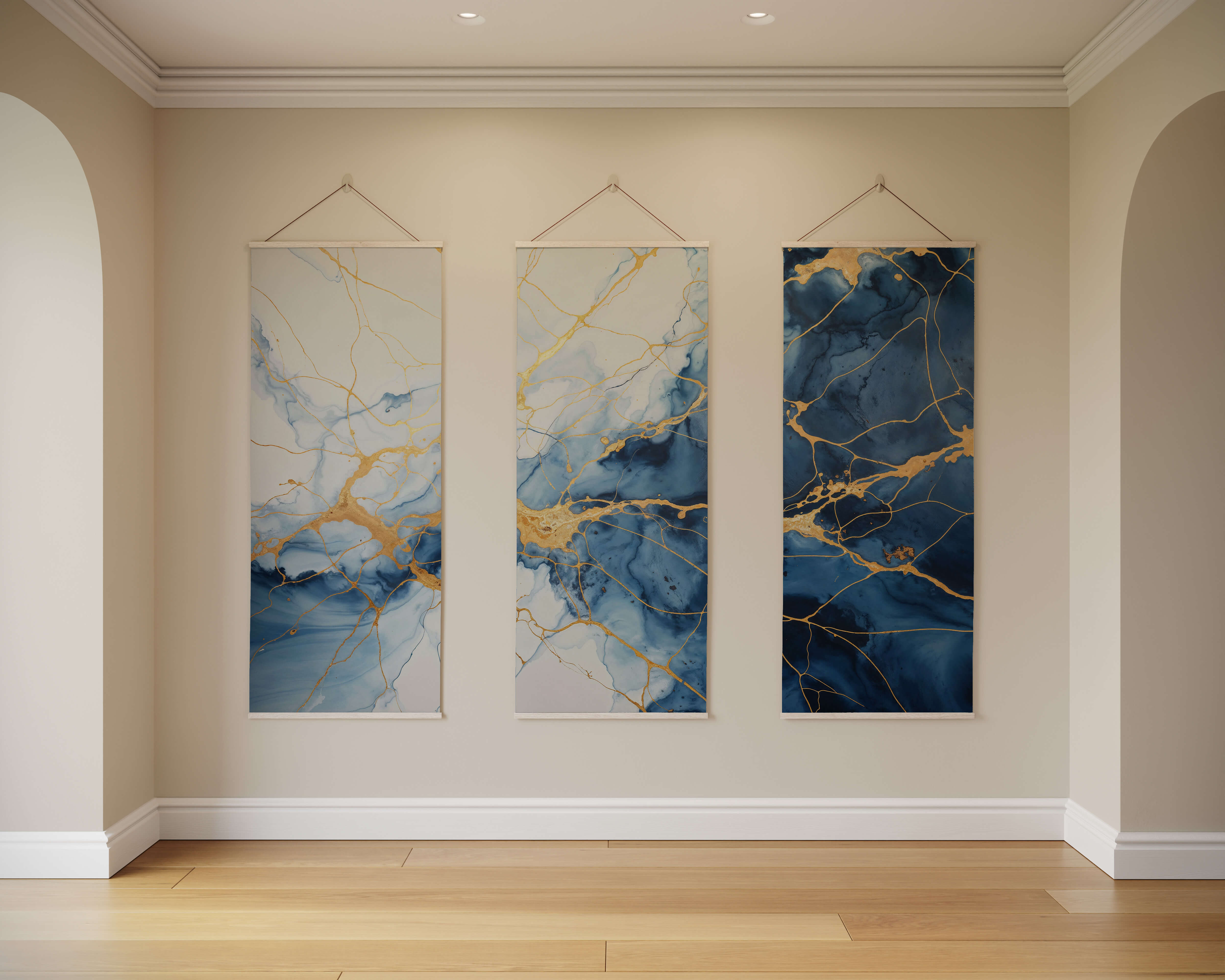Blue kintsugi tapestry featuring three vertical marble effect art panels with blue and gold veining framed in white