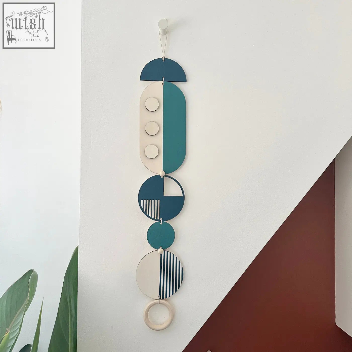 Teal and cream geometric modern wall art with circular and oval shapes featuring striped patterns for minimalist decor