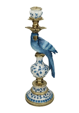 Blue parrot decorative tall candle holder 40 cm featuring a porcelain white base with gold accents and blue floral patterns