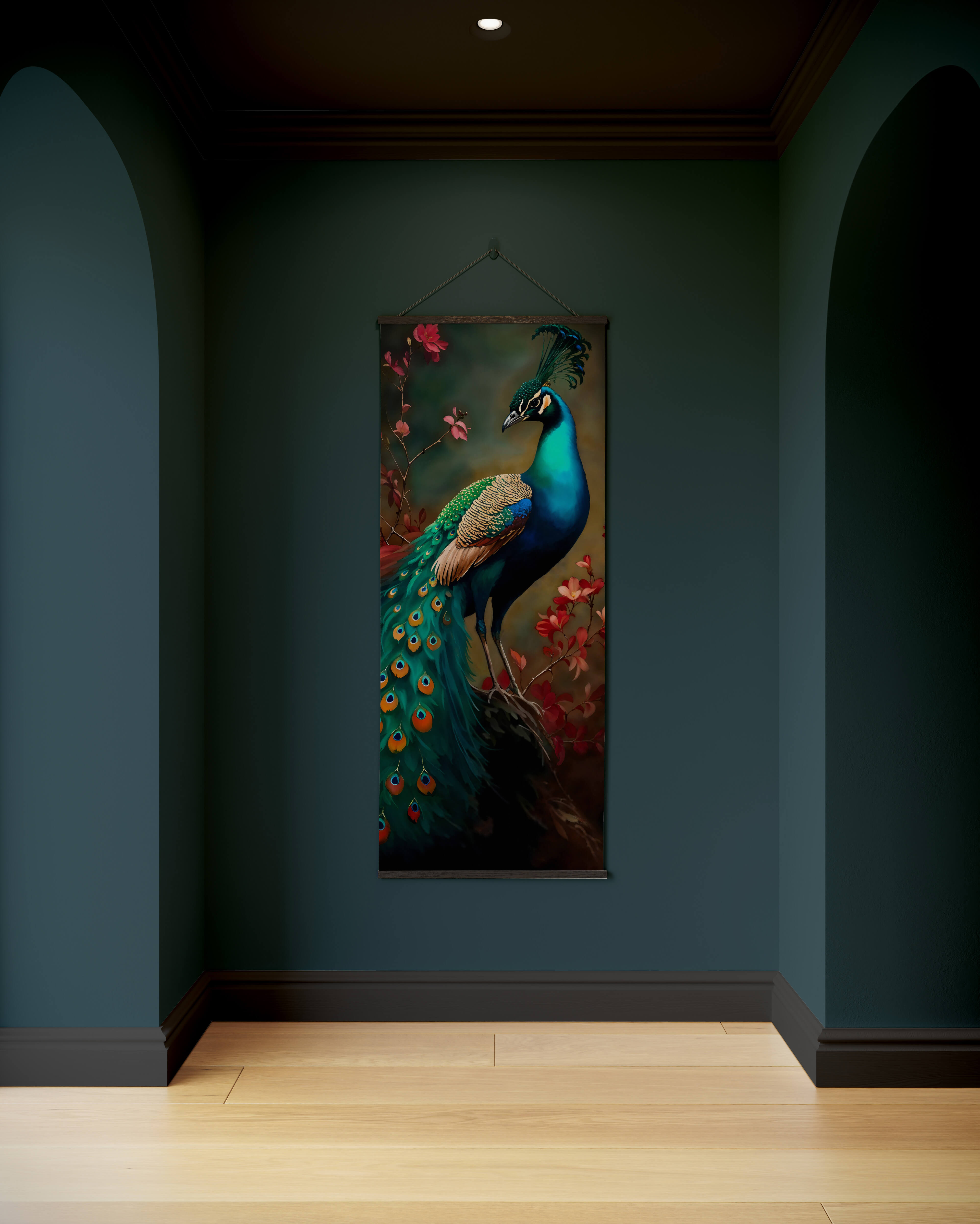 A vibrant blue peacock tapestry featuring iridescent feathers perched among pink blossoms in detailed oil paint