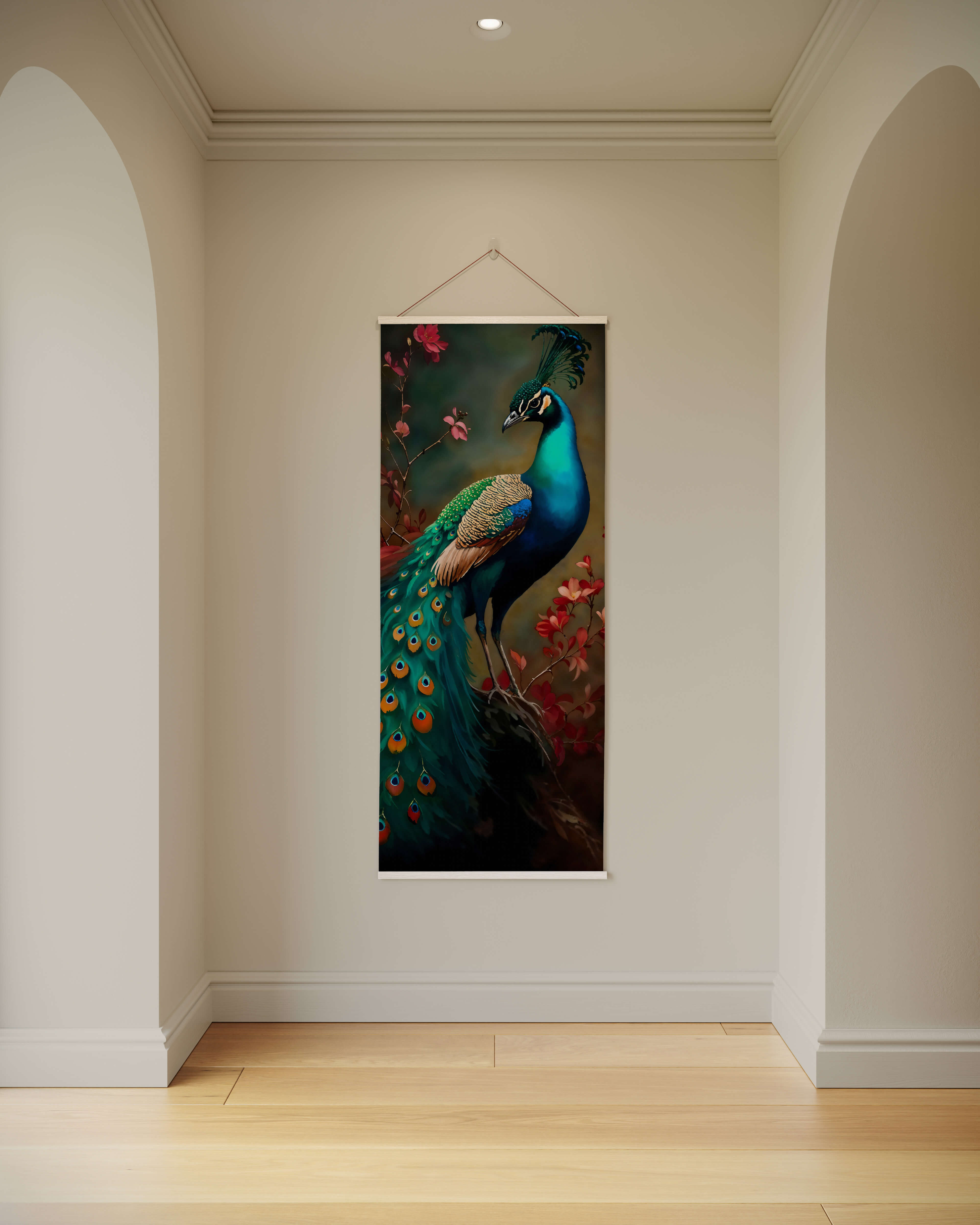 A vibrant blue peacock tapestry featuring detailed blue and green plumage with pink blossoms on dark foliage