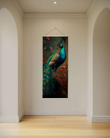 A vibrant blue peacock tapestry featuring detailed blue and green plumage with pink blossoms on dark foliage