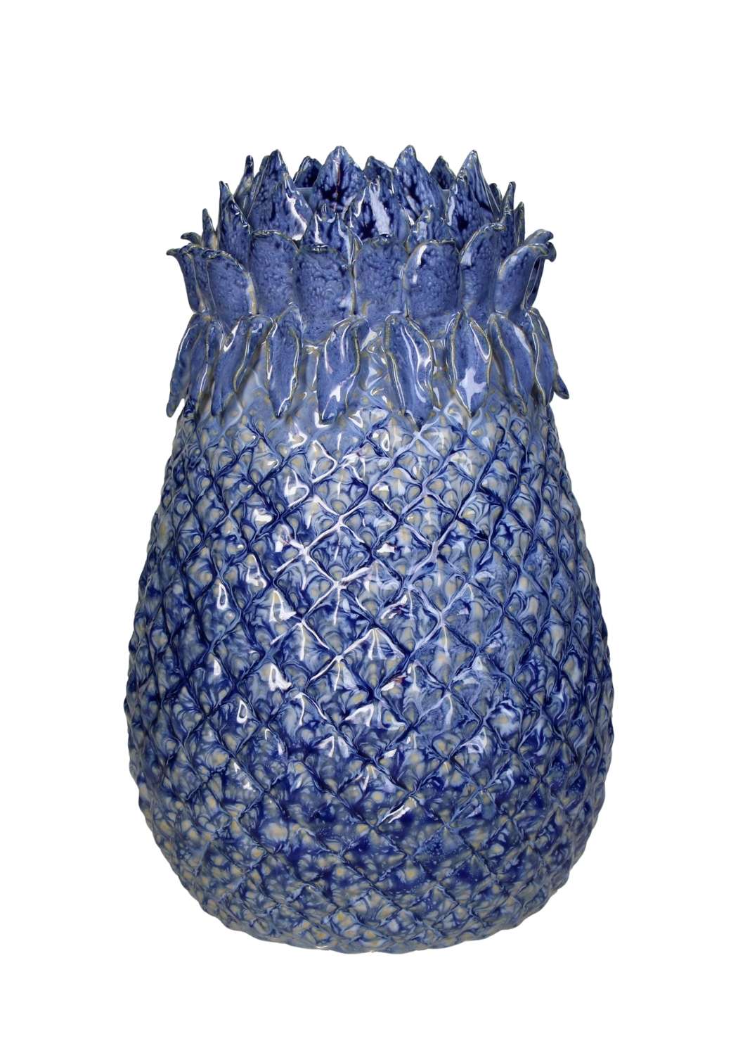Blue pineapple large stoneware vase with glossy glaze and textured diamond pattern perfect for decor