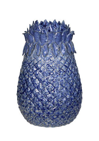 Blue pineapple large stoneware vase with glossy glaze and textured diamond pattern perfect for decor