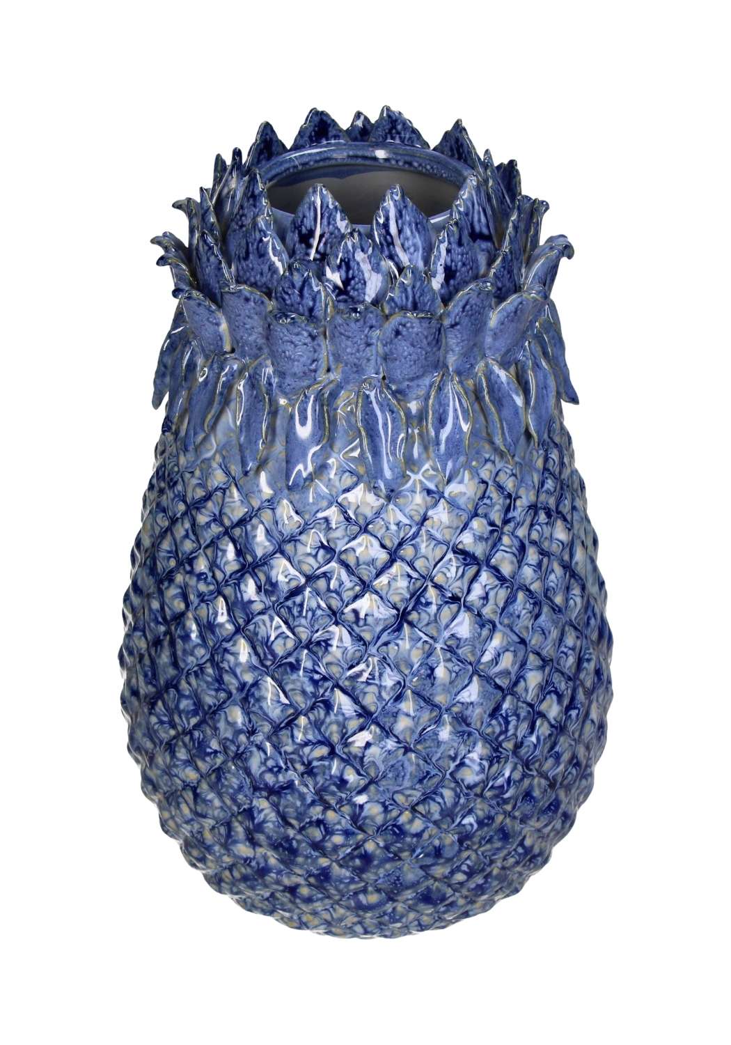 A glossy blue pineapple stoneware vase with detailed textured ridges and leafy crown large size