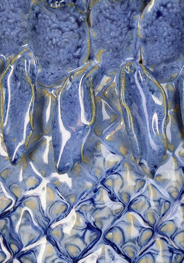 Blue pineapple large stoneware vase with glossy blue and white marbled ceramic tile textured surface