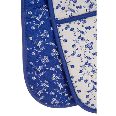 Blue rose double oven glove with blue floral pattern, white interior, and navy trim perfect as a double oven glove