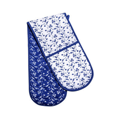 Blue rose double oven glove featuring blue and white floral pattern made of quilted fabric for safe hot handling
