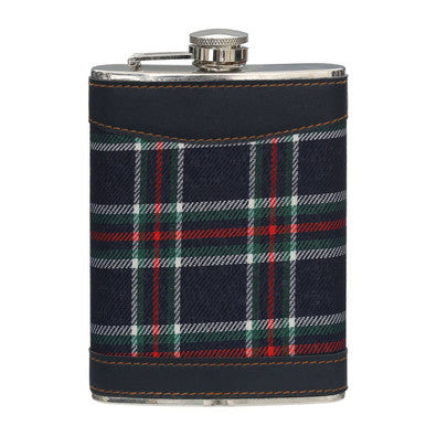 Blue tartan hip flask in navy blue plaid with red green stripes and dark leather trim for stylish carrying
