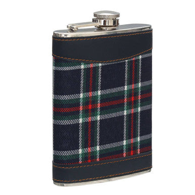 A blue tartan hip flask featuring navy blue plaid with red green white stripes and dark leather trim for stylish carrying