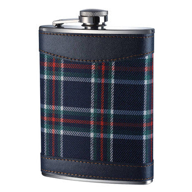 A navy blue tartan hip flask with silver cap and leather trim perfect for stylish carrying and sipping