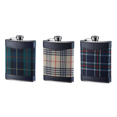 Three tartan hip flasks in blue tartan, navy, and beige with black leather trim perfect for stylish carrying