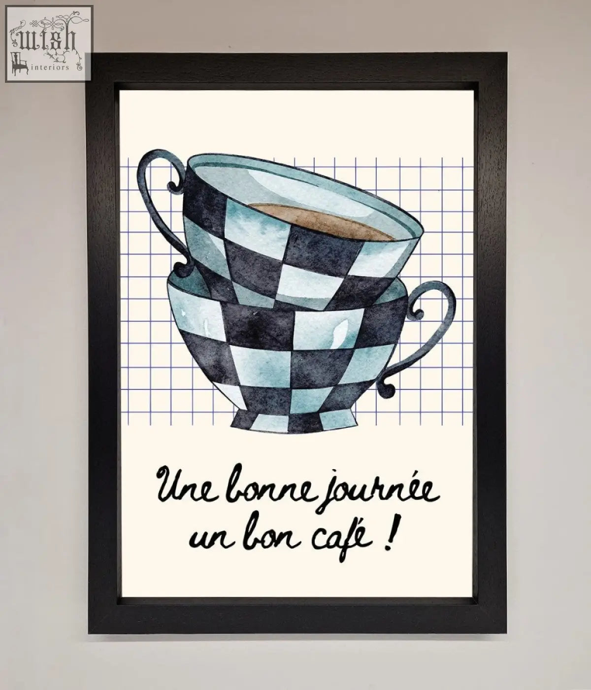 Watercolor illustration of a blue teacup stack with black and light blue checkerboard pattern in framed wall art