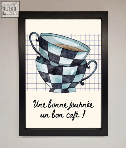 Watercolor illustration of a blue teacup stack with black and light blue checkerboard pattern in framed wall art