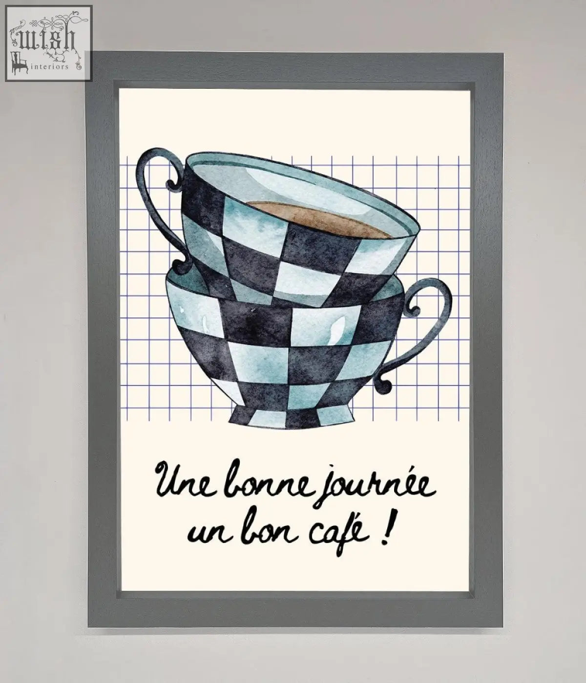 Watercolor framed wall art of a blue teacup stack with black and light blue checkerboard pattern and ornate handles