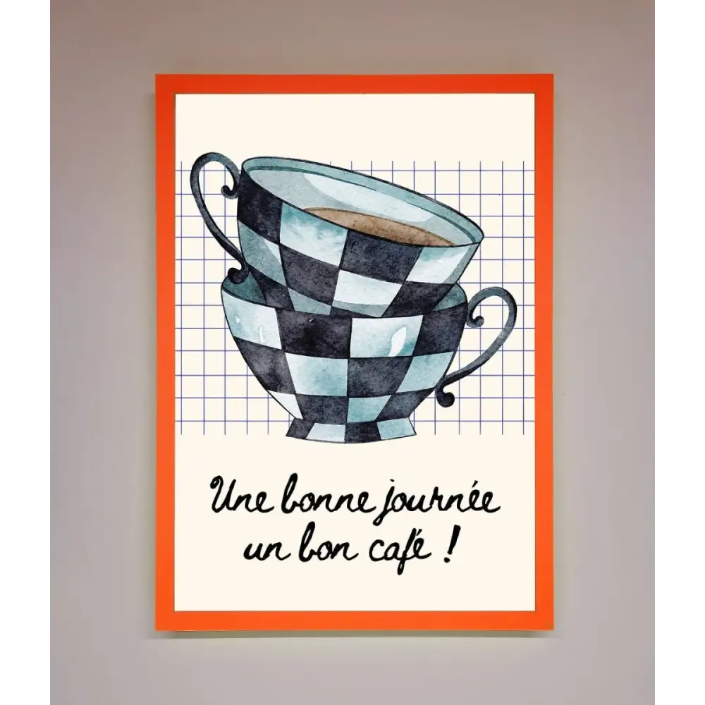 Blue Teacup Stack Kitchen Framed Wall Art - A3 (29.7 x 42 cm) / Neon Orange - Framed Print
