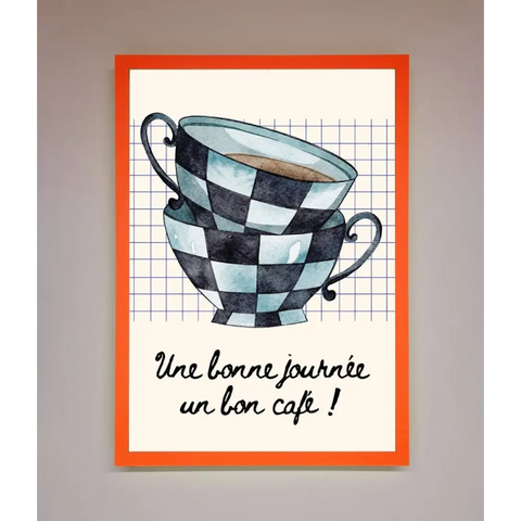Blue Teacup Stack Kitchen Framed Wall Art - A3 (29.7 x 42 cm) / Neon Orange - Framed Print
