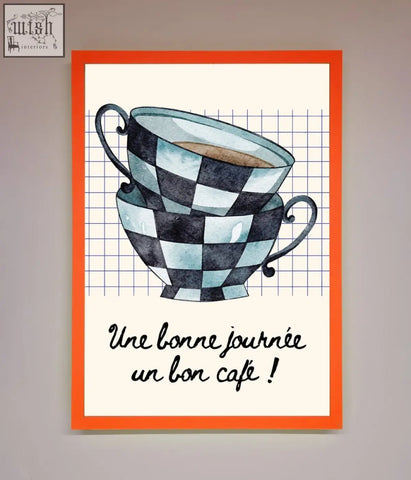 Watercolor framed wall art of a blue teacup stack with black and light blue checkerboard pattern in an orange frame
