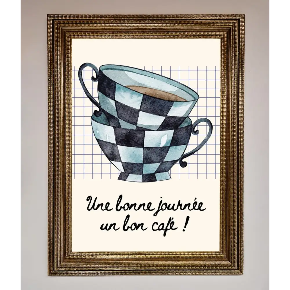 Blue Teacup Stack Kitchen Framed Wall Art - A3 (29.7 x 42 cm) / Ornate Gold - Framed Print