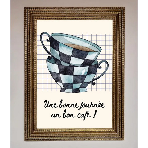Blue Teacup Stack Kitchen Framed Wall Art - A3 (29.7 x 42 cm) / Ornate Gold - Framed Print