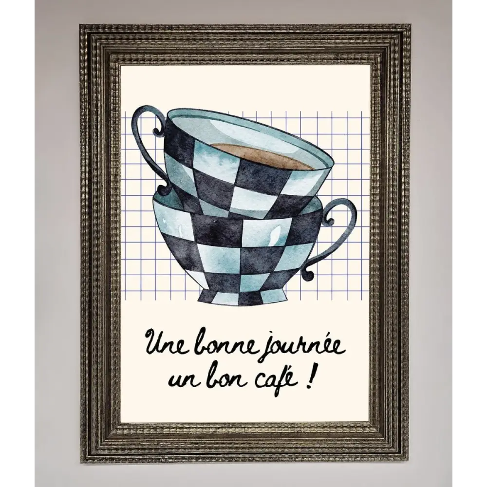 Blue Teacup Stack Kitchen Framed Wall Art - A3 (29.7 x 42 cm) / Ornate Silver - Framed Print