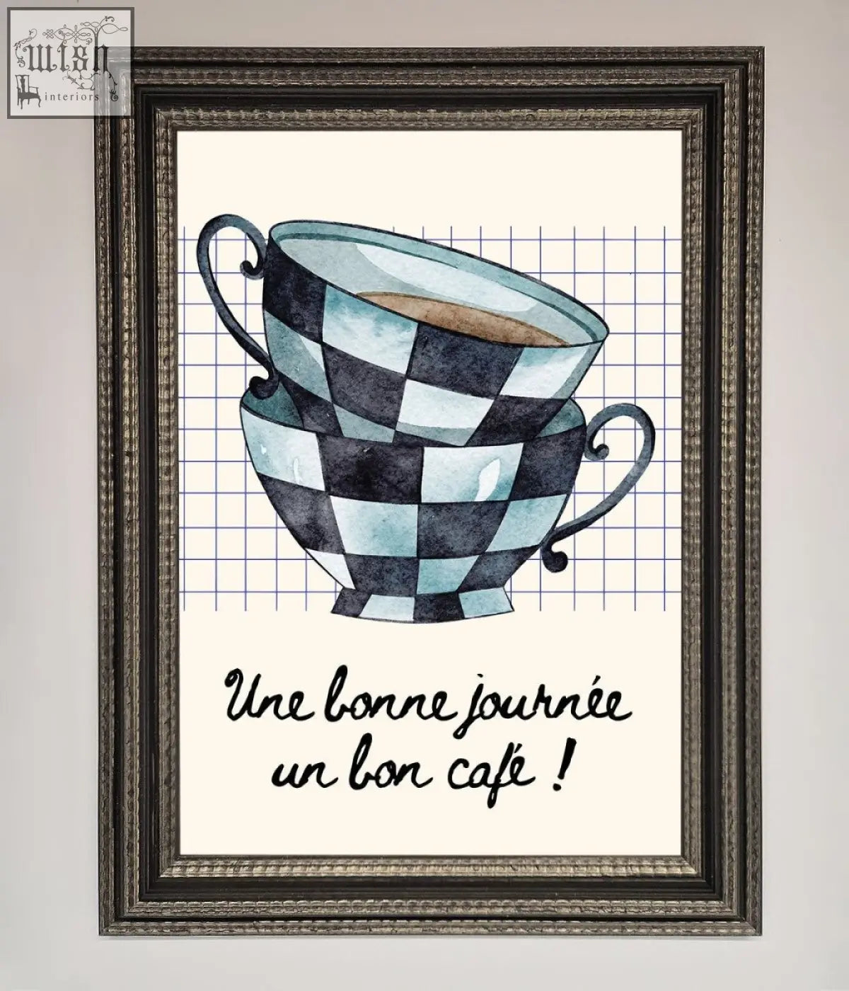 Blue teacup stack framed wall art featuring a black and light blue checkered watercolor teacup in a dark ornate frame