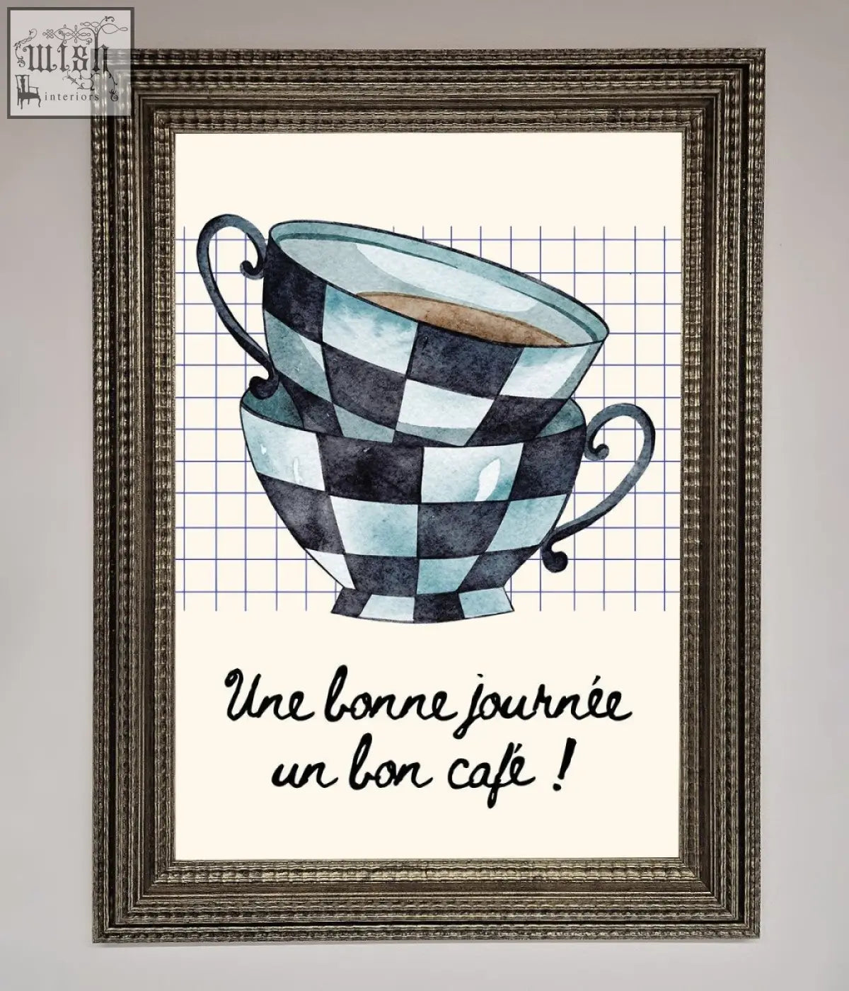 Watercolor framed wall art of a blue teacup stack with black and light blue checkered teacups filled with coffee