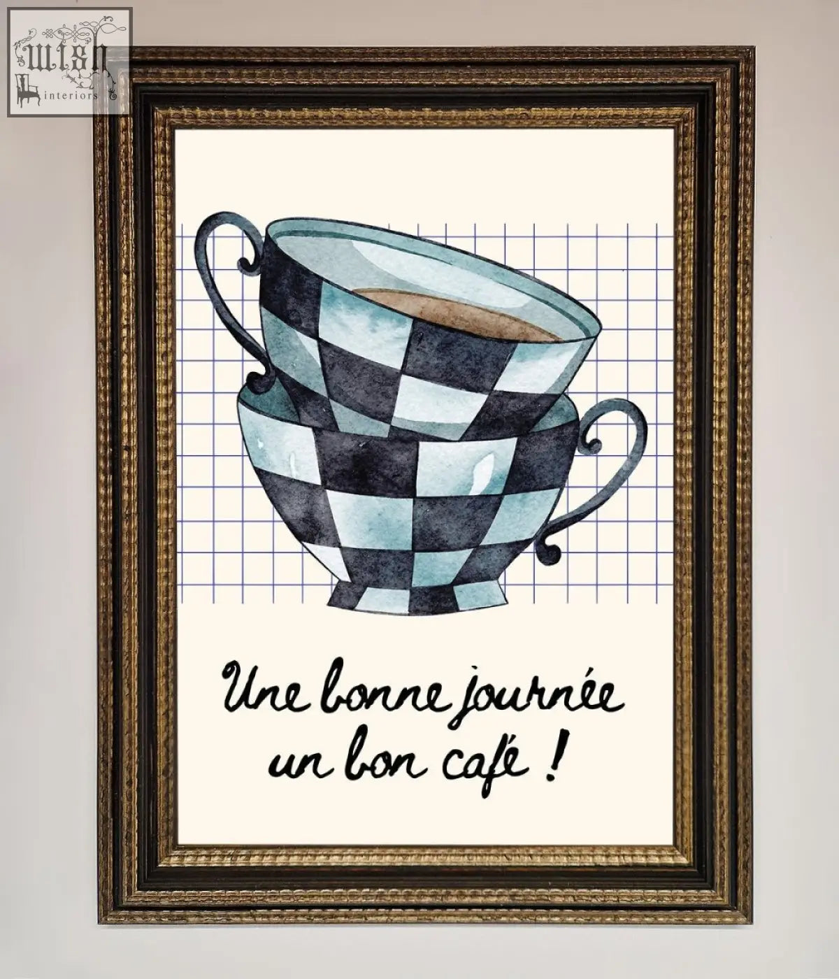 Watercolor framed wall art featuring a blue teacup stack with black and light blue checkerboard teacups and ornate handles