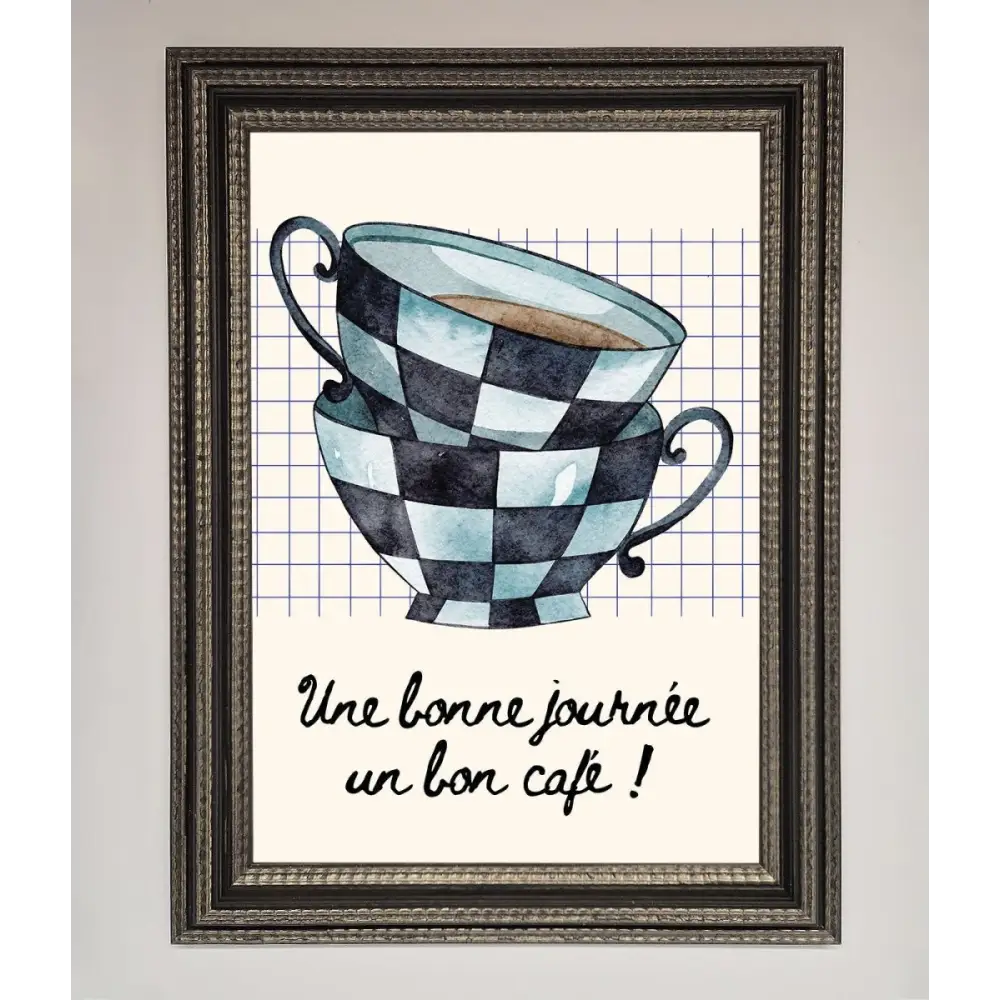 Blue Teacup Stack Kitchen Framed Wall Art - A3 (29.7 x 42 cm) / Ornate Silver Black - Framed Print