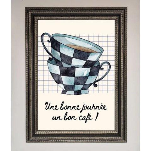 Blue Teacup Stack Kitchen Framed Wall Art - A3 (29.7 x 42 cm) / Ornate Silver Black - Framed Print