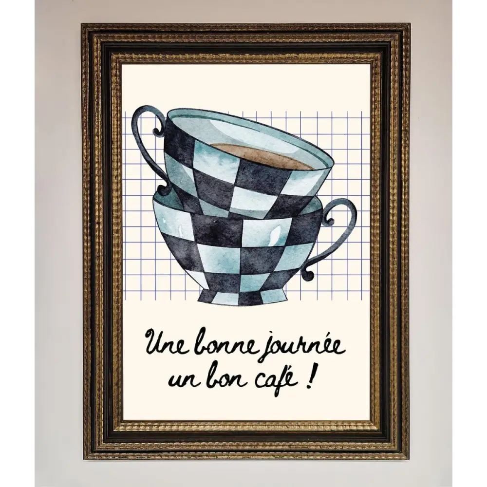 Blue Teacup Stack Kitchen Framed Wall Art - A3 (29.7 x 42 cm) / Ornate Gold Black - Framed Print