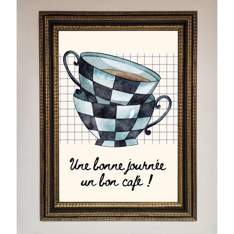 Blue Teacup Stack Kitchen Framed Wall Art - A3 (29.7 x 42 cm) / Ornate Gold Black - Framed Print