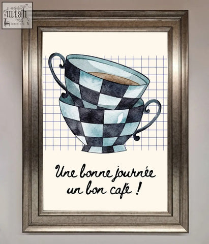 Watercolor illustration of a blue teacup stack with black and light blue checkered pattern as framed wall art