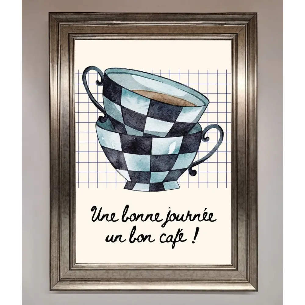 Blue Teacup Stack Kitchen Framed Wall Art - A3 (29.7 x 42 cm) / Silver - Framed Print