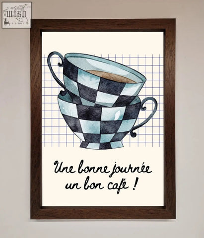 Watercolor illustration of blue teacup stack with black and light blue checkerboard pattern in framed wall art style