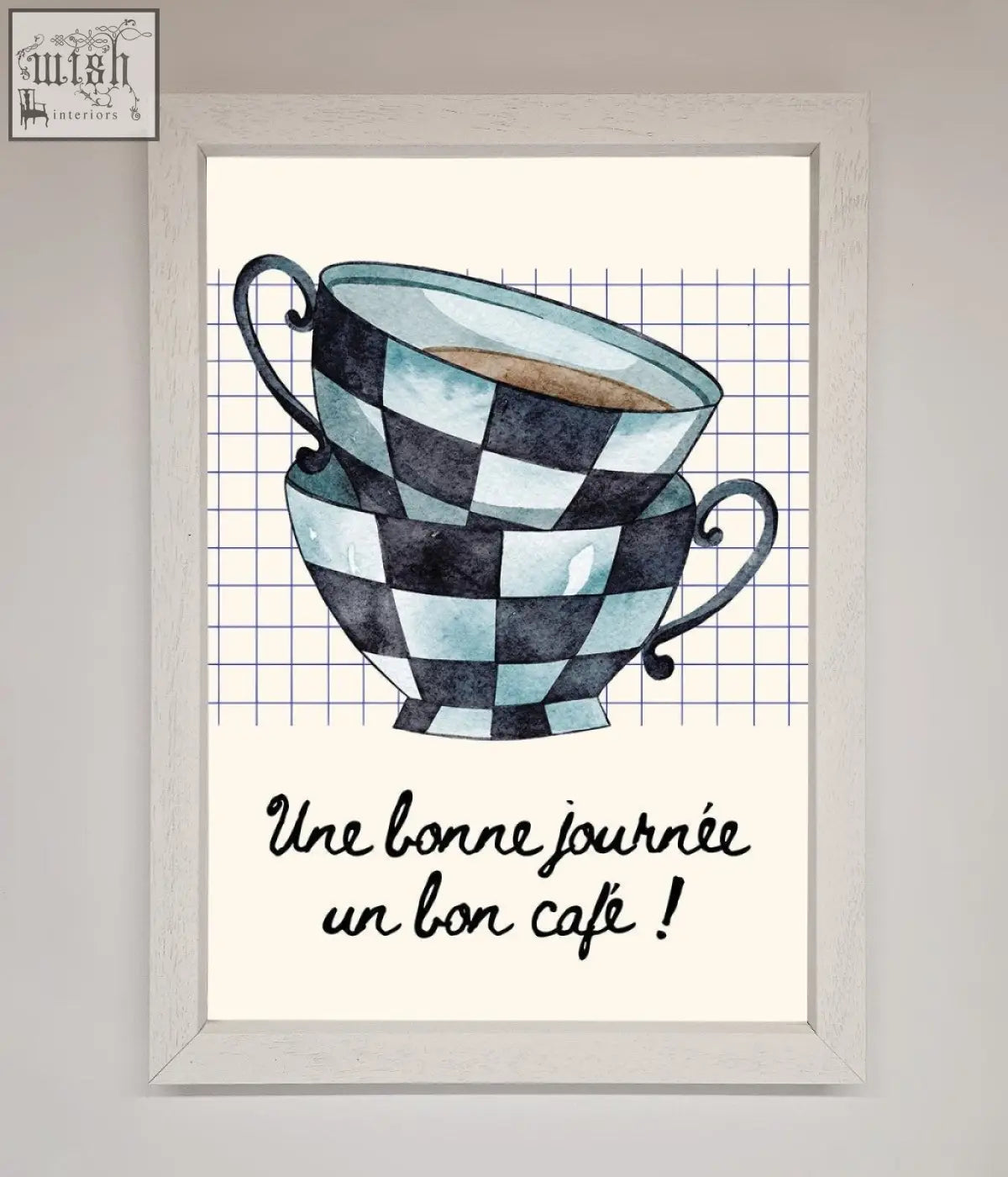 Watercolor illustration of a blue teacup stack with black and light blue checkered pattern in framed wall art
